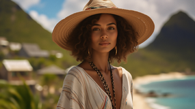 蓝色海岸戴草帽的美女图片